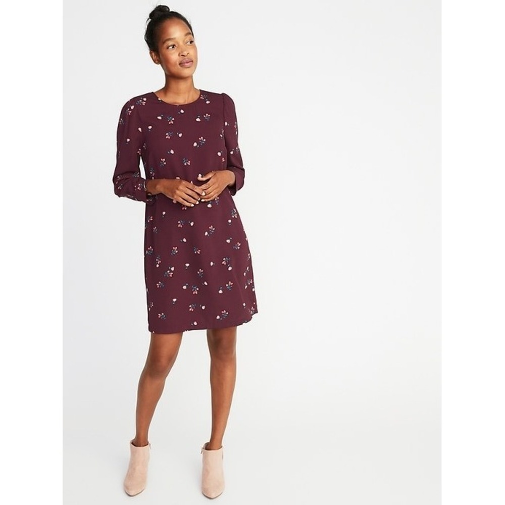 NWT Old Navy Burgundy Floral Crepe Shift Dress Size L Cottagecore